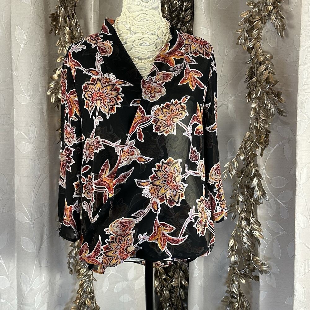 Liz Claiborne Black Floral Sheer Blouse M Faux Wrap Career Top Chiffon‎ Elegance